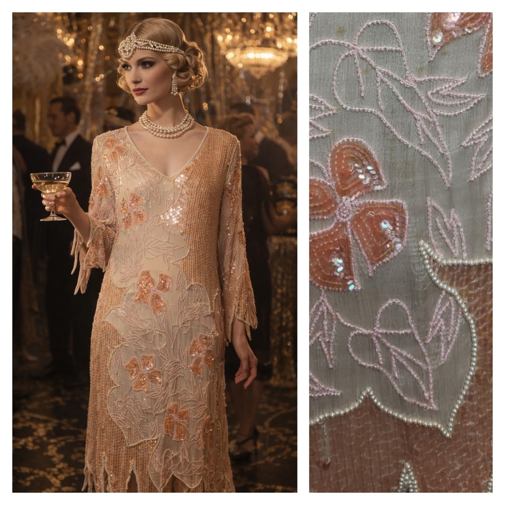 Authentic VNT Pure Silk Hand Beaded Flapper 1920's Style Dress Peach Small S 🌸